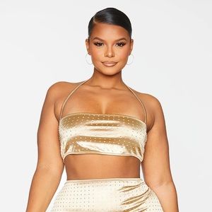 Pretty Little Thing Plus Nude Disco Diamanté Halter-neck Crop Top